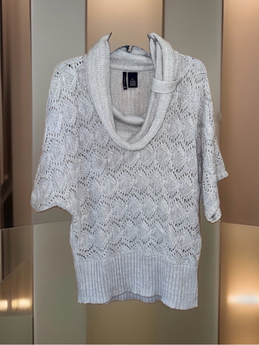 NWT new directions Light Gray Open-Weave Cowl Neck Short Sleeve Sweater-XLh